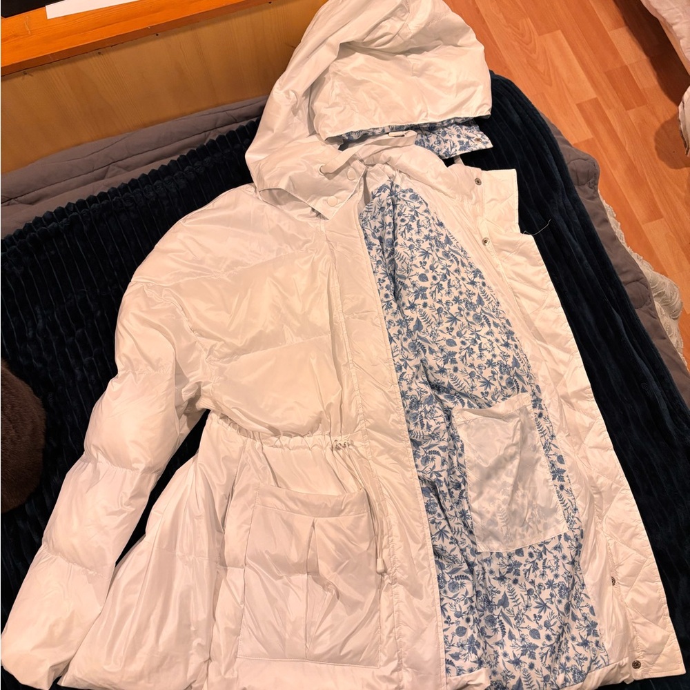 White Hooded Jacket with Blue Floral Lining